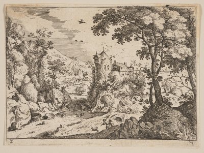 Beek tussen rotsheuvel en kasteel, uit Landschappen door Jacob Savery I