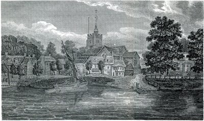Gravure St Nicholas Church Chiswick door Schnebbelie 1807 door Jacob Schnebbelie