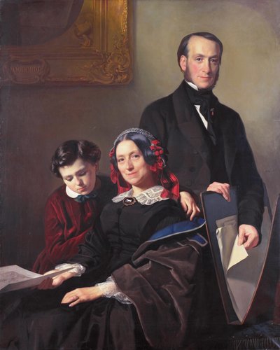 Mevrouw A J Schmidt-Keiser, weduwe van de schilder Willem Hendrik Schmidt (1809-49), de leermeester van Jacob Spoel, met haar broer J N Keiser en haar tienjarig zoontje door Jacob Spoel