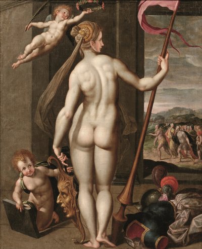 Minerva met een lans terwijl ze wordt gekroond met laurier door een putto door Jacob de (studio of) Backer