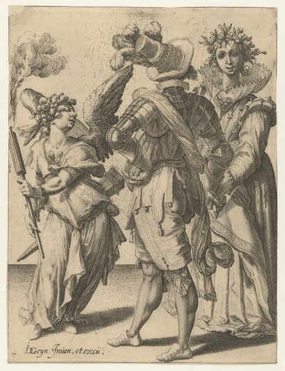 Een geblinddoekte Cupido met een fakkel voor een stel in feestelijke kledij door Jacob de Gheyn (II) (workshop of)