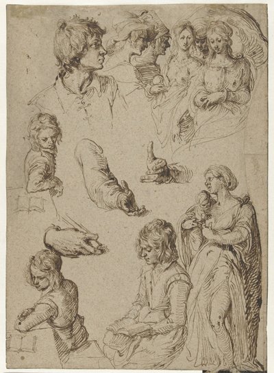 Studieblad met een jonge man, een vrouw met kind en een Parisoordeel of heksensabbat door Jacob de Gheyn (II)