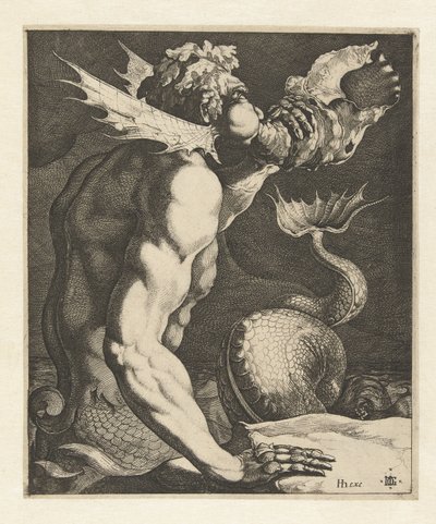 Een triton die op een schelp blaast door Jacob de Gheyn (III)