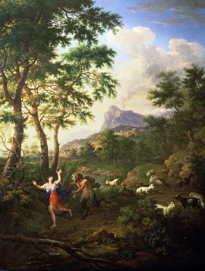 Een Arcadisch landschap met Pan en Syrinx door Jacob de Heusch