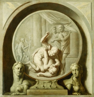 Een decoratief rondel met Odysseus die vecht tegen de bedelaar, en met sfinxen door Jacob de Wit
