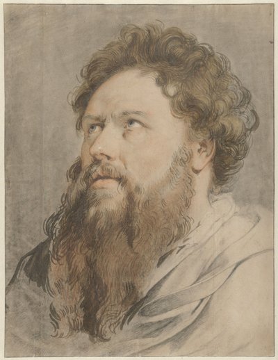 Hoofd van man met baard, de ogen zien opzij naar boven door Jacob de Wit