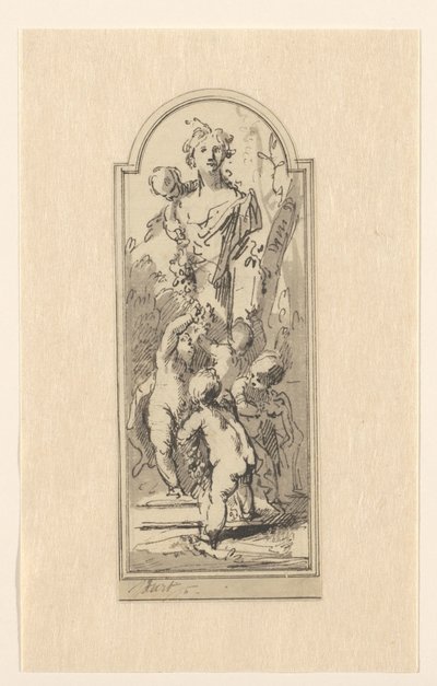 Putti met buste van vrouw tussen bomen door Jacob de Wit