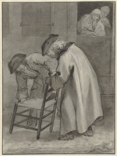 Twee mannen met steek bekijken een matten stoel door Jacob de Wit