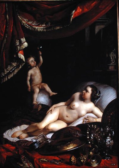 Een allegorische Vanitas met Homo Bulla (De mens is als een bel) en Vrouw Wereld (1654) door Jacob or Jacques van Loo