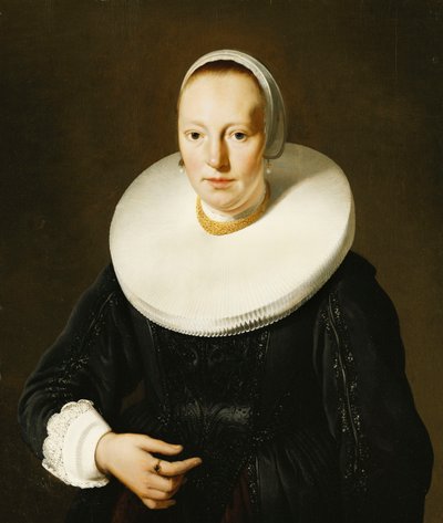 Portret van een Dame, Halflang, in een Zwarte Applicatie Buikstuk en Jurk en een Molensteenkraag door Jacob or Jacques van Loo