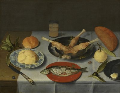 Ontbijt met brood, kaas, vis en bier, ca. 1615 door Jacob van Hulsdonck