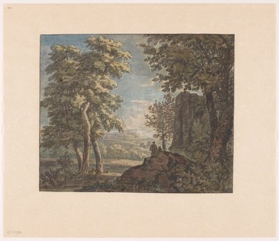 Arcadisch landschap met antiek bouwval en twee mannen door Jacob van Liender