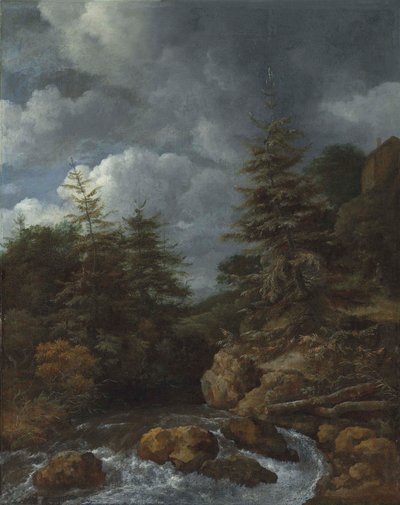 Een rivierlandschap met dennenbomen bij een waterval door Jacob van Ruisdael