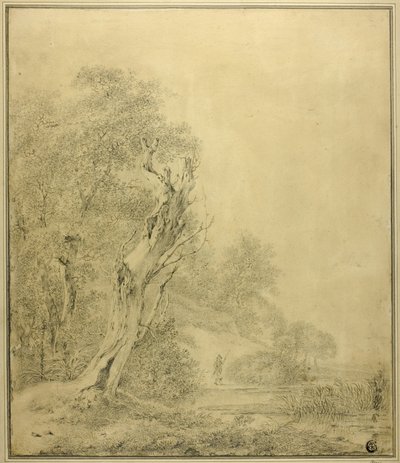 Dode boom aan waterkant, figuur nadert met paal door Jacob van Ruisdael