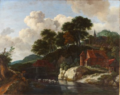 Heuvelachtig landschap met een watermolen door Jacob van Ruisdael