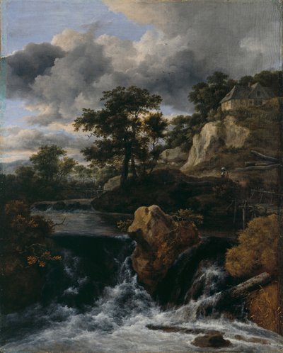 Heuvelachtig landschap met een waterval door Jacob van Ruisdael