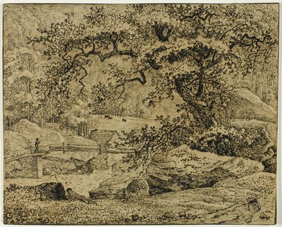 Landschap met figuur rustend onder boom bij stroom door Jacob van Ruisdael
