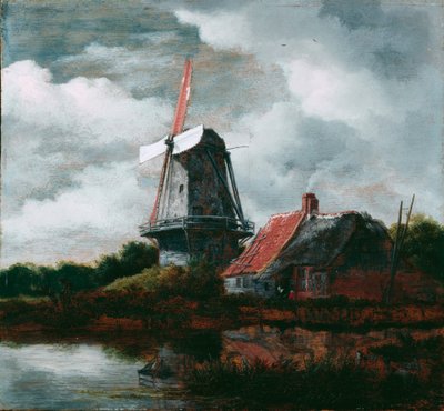 Landschap met boerderij en windmolen door Jacob van Ruisdael