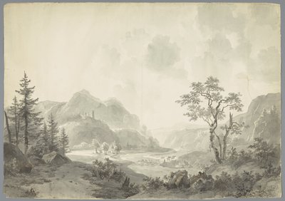 Berglandschap met een rivier door Jacob van Strij