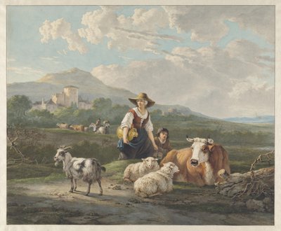 Een boerin en een jongen bij schapen en een koe, in een bergachtig landschap door Jacob van Strij