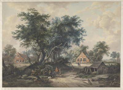 Naar Hobbema. Boerenwoningen bij hoge bomen door Jacob van Strij