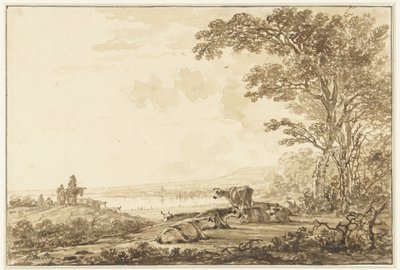 Rivierlandschap met rustend vee door Jacob van Strij