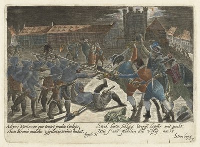 Gevecht tussen studenten en soldaten (serie titel) door Jacob van der Heyden