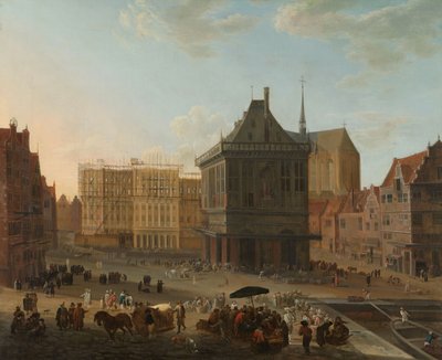 De Dam in Amsterdam met het nieuwe stadhuis in aanbouw door Jacob van der Ulft