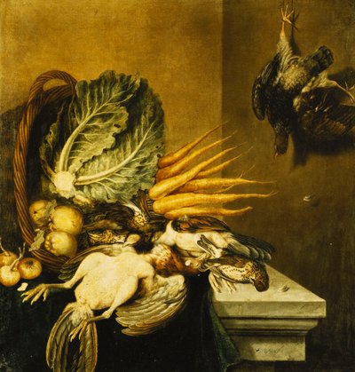 Een Omgevallen Mand met Gevogelte, Rapen, Appels, Uien en een Kool op een Rand Gedrapeerd met een Groene Doek door Jacobus Biltius
