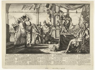 Spotprent op de advocatuur die garen spint bij het twisten van de mens, 1687 door Jacobus Harrewijn