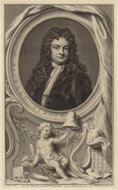 Sir Richard Steele, Ierse schrijver, toneelschrijver en politicus en medeoprichter van The Tatler magazine (gravure) door Jacobus Houbraken