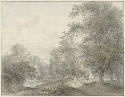 Boslandschap met ruiter en vijver door Jacobus Versteegen