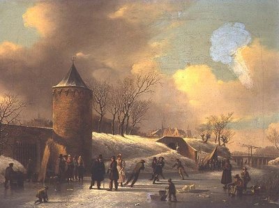 Schaatsers op een bevroren waterweg bij een toren door Jacobus van der Stok