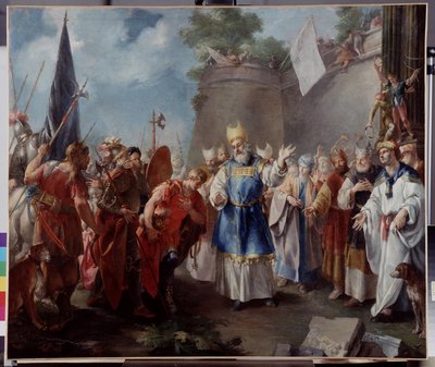 Keizer Alexander brengt hulde aan de hogepriester Jaddus. Schilderij toegeschreven aan Jacopo Amigoni door Jacopo Amigoni