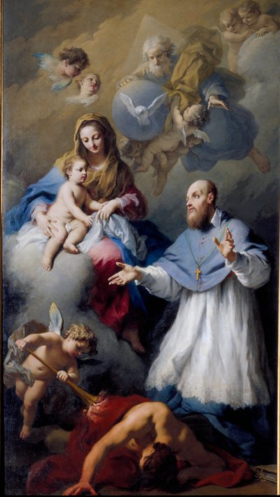 Maagd en Kind met Sint Franciscus van Sales, voorstelling van de Heilige Drie-eenheid met Jezus Christus, God en de duif van de Heilige Geest. door Jacopo Amigoni