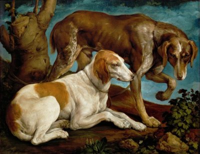Twee jachthonden, aan een boomstronk gebonden door Jacopo Bassano