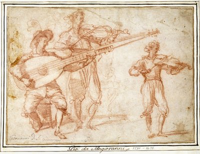 Twee Muzikanten die een Chiatarrone en een Viool spelen, met een Subsidiar Studie van de Tweede Muzikant door Jacopo Confortini