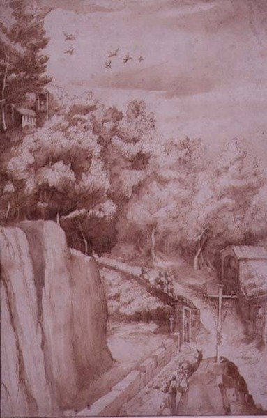 PD.52-1997 Uitzicht op het klooster van La Verna, de weg naar het klooster, ca. 1607-12 (wassing, pen en inkt op papier) door Jacopo Ligozzi