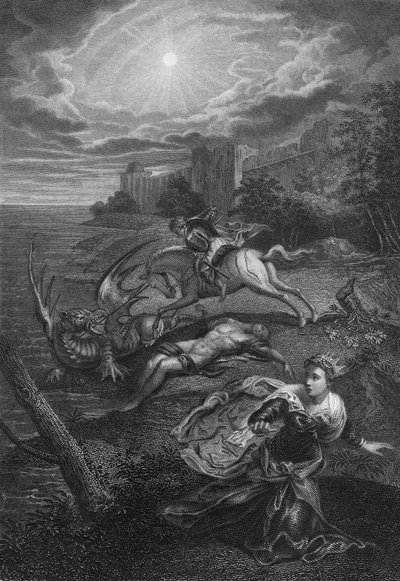Sint Joris en de draak (gravure) door Jacopo Robusti (after) Tintoretto