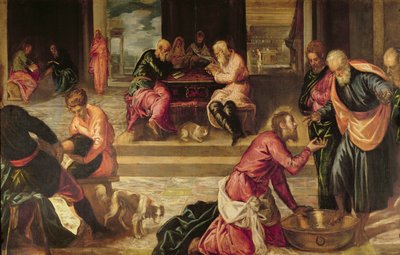 Christus wast de voeten van de discipelen door Jacopo Robusti Tintoretto
