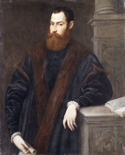Portret van een heer, driekwart lengte, in een bontjas, met een document en leunend tegen een voetstuk door Jacopo Robusti Tintoretto