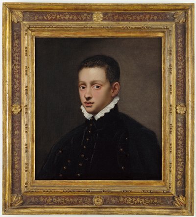 Portret van een jongen, buste-lengte, in een zwart dubbelt met een witte kraag door Jacopo Robusti Tintoretto