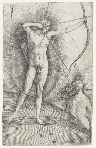 Apollo met pijl en boog op hemelglobe en Diana met hert door Jacopo de