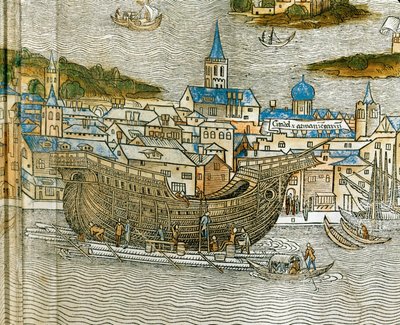 Het bouwen van een galei in een scheepswerf in Venetië, uit Peregrinatio in Terram Sanctam, voor het eerst gedrukt in het Latijn in 1486 ... (houtsnede) door Jacopo de