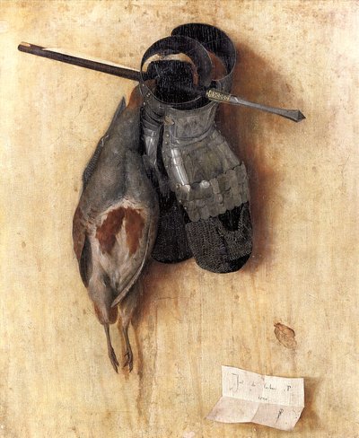 Stilleven met een patrijs en ijzeren handschoenen door Jacopo de