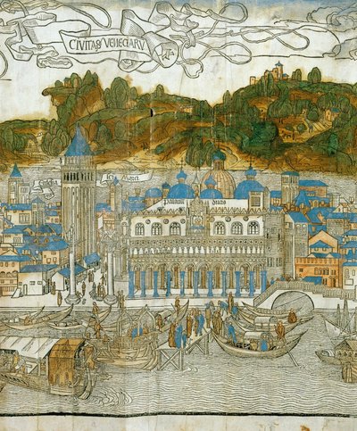 Venetië en de oude campanile voor de verwoesting door een aardbeving, uit Pregrinatio in Terram Sanctam, voor het eerst gedrukt in 1486 ... (houtsnede) door Jacopo de