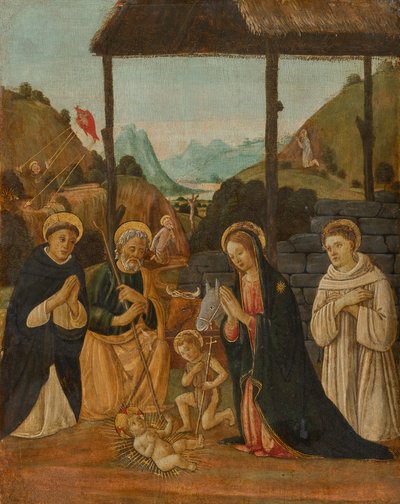 Anbetung des Kindes in Anwesenheit des Johannesknaben und der Heiligen Dominikus und Bernhard von Clairvaux door Jacopo del Sellaio