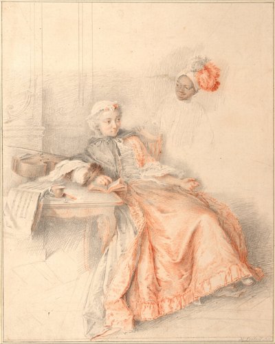 Jonge dame lezend en een page door Jacques André Portail