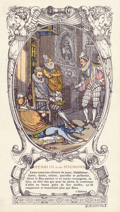 Koning Hendrik III van Frankrijk en zijn favorieten, de Mignons (kleur litho) door Jacques Emile (after) Blanche