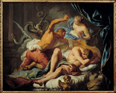 Ceres beschermt Triptoleme tegen koning Lyncus De koning van Thracië Lyncus probeert Triptoleme, belast door Ceres met de missie om zaden te verspreiden, in zijn slaap te doden. Ceres grijpt in om hem te beschermen en verandert Lyncus in een lynx. Illustra door Jacques  Dumont